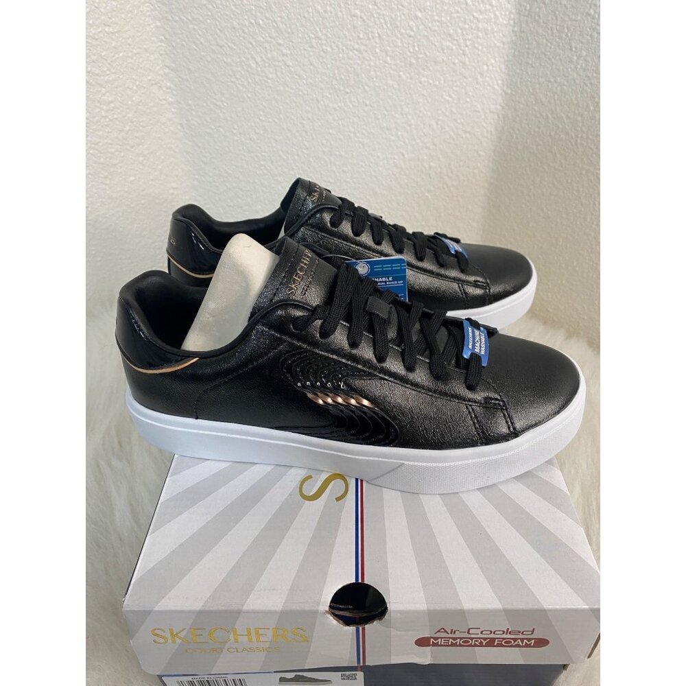 Skechers Women's Classic Court Black Gold Duraleather Memory Foam Comfort Modern